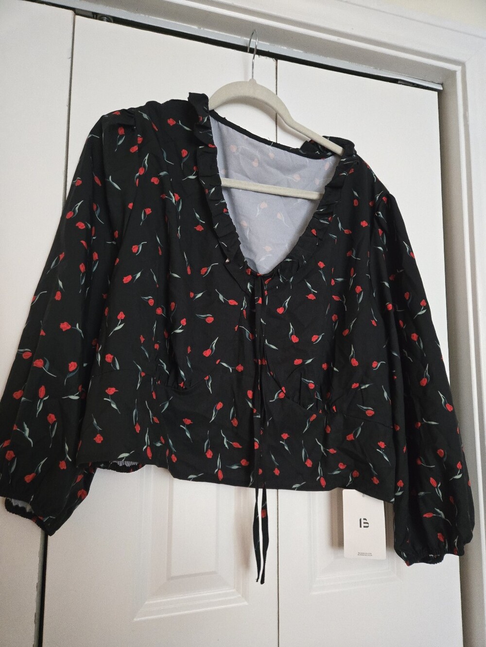 Bloomchic Black Floral Crop Top with Ruffle Collar 2XL